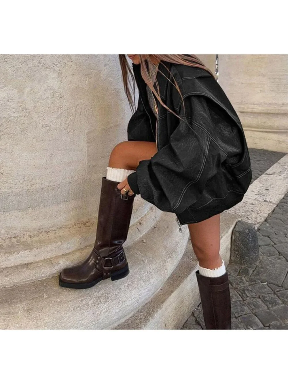 Women's Black Faux Leather Motorcycle Jacket Oversized Zip Up Loose Winter Coat